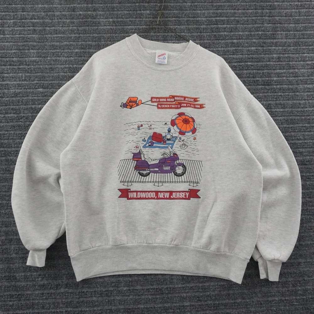 Vintage 90s Jerzees Sweatshirt Mens L Gray Wildwood NJ Motorcycle Graphic